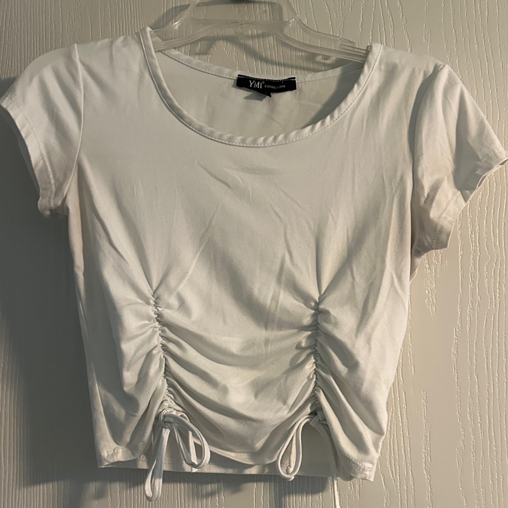 YMI Classic White Ruched Crop Top